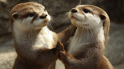Two brown otters appear to be holding hands, standing side by side against a blurred rock background, looking upwards.