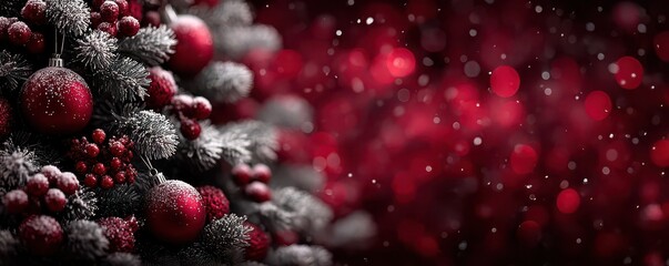 Fototapeta premium Festive Christmas tree decorated with red ornaments and a sparkling background