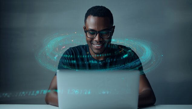 Smiling coder wearing glasses working on laptop at desk in office, with holographic data overlays