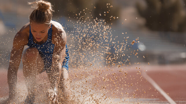 Athlete landing after long jump. Sand particles fly. Focused determination. Strength & agility in action. Perfect sports photography.