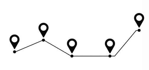 Five location pin icons connected by a path vector illustration scalable eps icon silhouette vector illustration white background