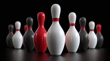A striking assembly of bowling pins in red, white, and black stands ready for action against a dark backdrop. The game awaits.