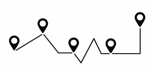 Five black location pin icons connected by a winding line vector illustration eps silhouette vector illustration white background