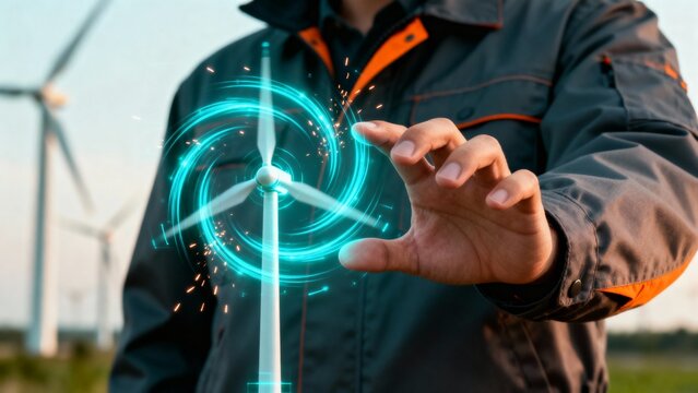 Human hand interacting with a futuristic holographic wind turbine, symbolizing cutting-edge sustainable energy innovation and advanced green technology