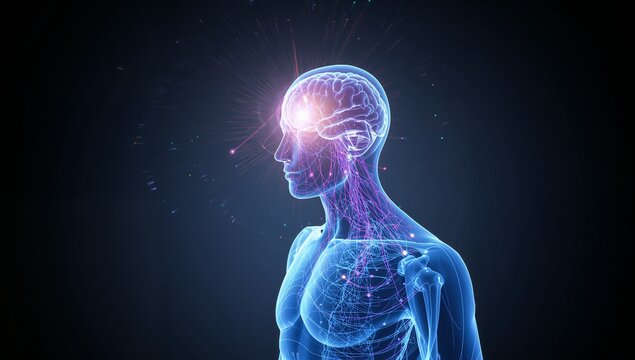 Hologram torso displaying brain activity in studio, with glowing neural pathways, copy space