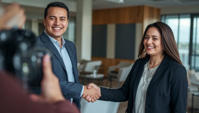 Shaking hands business executives in blazers in lounge, with camera, armchairs and acoustic panels - Powered by Adobe