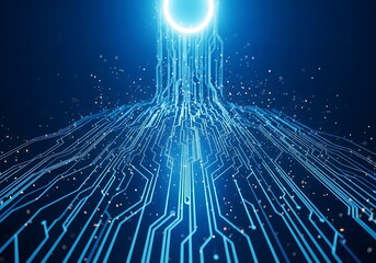High quality image of abstract glowing blue circuit board lines converging to a bright light sphere, representing data flow and artificial intelligence