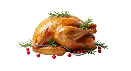 Roasted turkey garnished with rosemary and cranberries for festive dining isolated PNG with Transparent Background