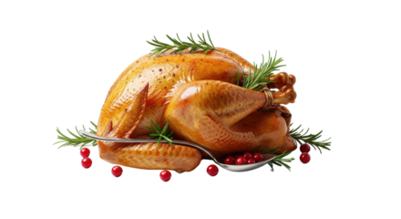 Roasted turkey garnished with rosemary and cranberries for festive dining isolated PNG with Transparent Background