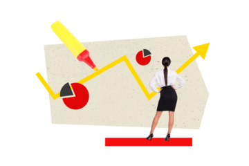 Composite photo collage of young business girl stand back look arrow development marker diagram progress isolated on painted background