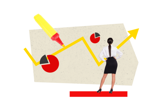 Composite photo collage of young business girl stand back look arrow development marker diagram progress isolated on painted background