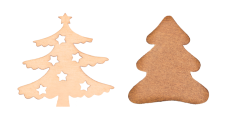 Two wooden Christmas tree decorations isolated, one with star cutouts and one solid.