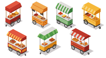 Isometric food carts: colorful mobile stalls with various street snacks