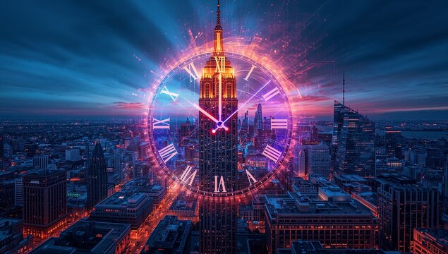 Showcasing art deco skyscraper featuring neon clock overlay on skyline, grid, waterfront