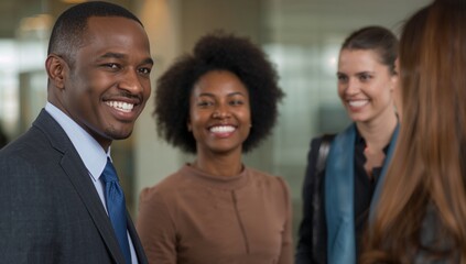 Smiling African American man in dark suit and blue tie standing in office corridor, copy space
