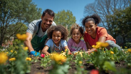 Smiling family kneeling in home garden, with flowering plants gardening gloves and hand trowel