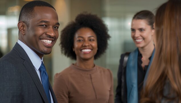 Smiling African American man in dark suit and blue tie standing in office corridor, copy space