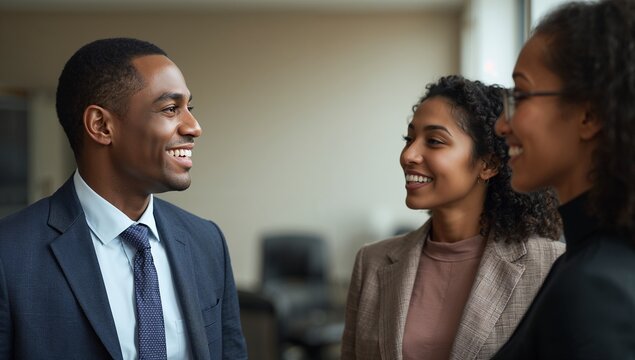 Three professionals wearing business attire exchanging ideas in meeting area, with chairs and desk