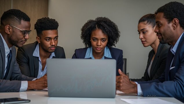 Collaborating team in suits analyzing laptop data at meeting room table with documents smartphone
