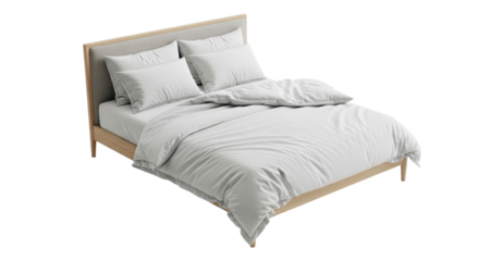 Wooden bed frame with white bedding and pillows isolated PNG with Transparent Background