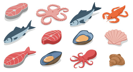 Isometric seafood icons featuring fish, shells, and octopus on white background
