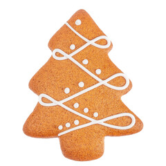 Gingerbread Christmas tree cookie decorated with white icing isolated