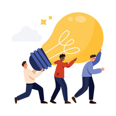 Three people working together to carry a giant light bulb symbolizing teamwork and creativity isolated vector illustration