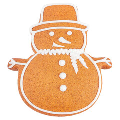 Gingerbread snowman cookie decorated with white icing isolated 