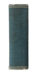 Side view of an antique book spine with aged leather texture and vintage details, isolated on transparent background