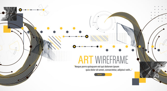 Minimal abstract composition with wireframe waves, geometric shapes, dots, and lines.