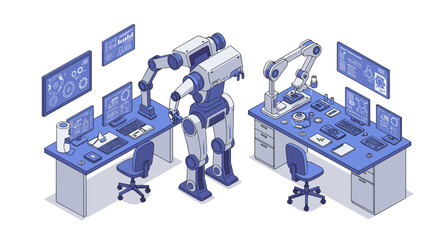 Futuristic robotics workspace with isometric design in a modern laboratory setting