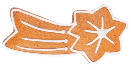 Gingerbread cookie shaped like a shooting star decorated with white icing isolated