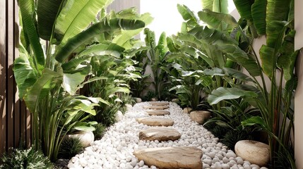 Tropical garden path with stone steps and lush greenery