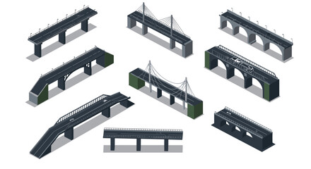 Variety of bridges in isometric style featuring arched and cable-stayed designs