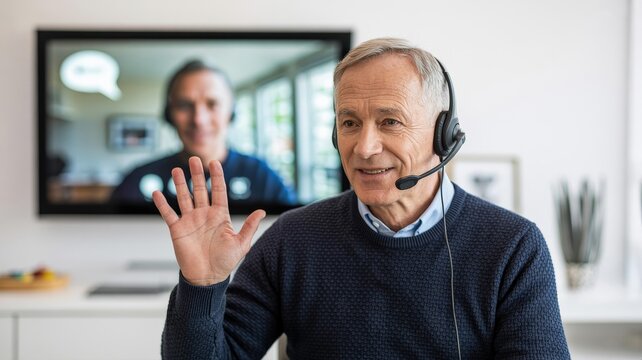 Smiling Senior Man with Headset Waving on Video Call in Home Office