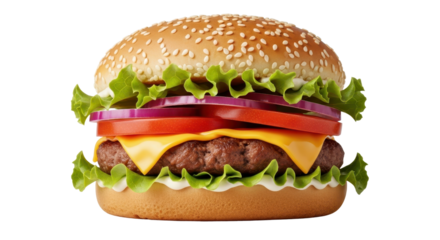 Delicious cheeseburger with lettuce, tomato and red onion isolated PNG with Transparent Background