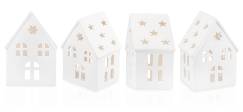 Minimalist white ceramic decorative houses with star cutouts for Christmas or winter home decor