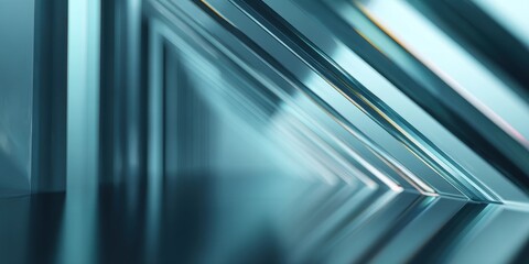 Abstract teal glass corridor background with geometric parallel lines and reflections