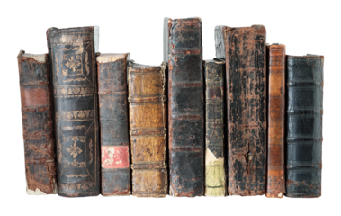 Collection of antique books standing in a row, isolated on transparent background
