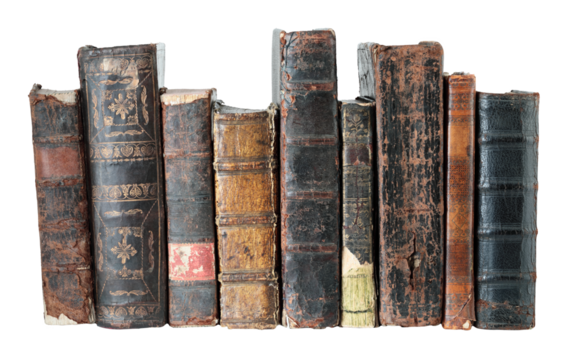Collection of antique books standing in a row, isolated on transparent background