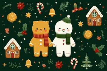 Fototapeta premium Cute Christmas illustration featuring gingerbread characters and festive decorations