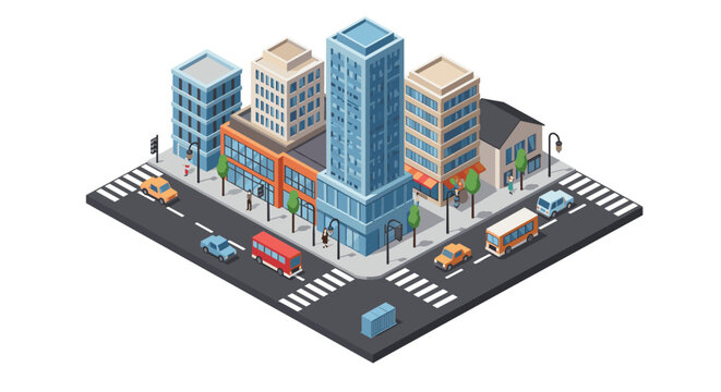 Isometric urban cityscape with buildings and traffic on a busy intersection