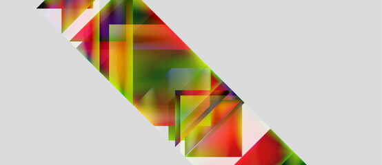 Abstract geometric shapes overlap, creating vibrant color blends. Diagonal composition dominates gray background. Modern design elements present.