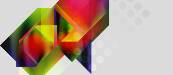 Fototapeta premium Abstract geometric shapes overlap, creating vibrant color gradients. Composition features dynamic angles, light effects, plus subtle dot pattern.