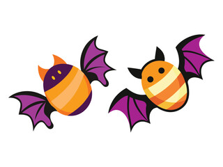 Two cute halloween bats with purple wings and orange stripes