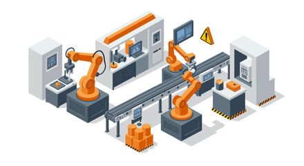 Obraz premium Automated manufacturing facility with robotic arm assembly line in isometric style