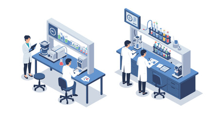 Fototapeta premium Isometric science laboratory with scientists conducting research
