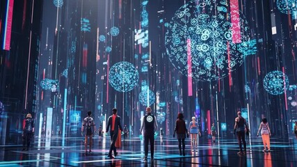 Diverse group of people exploring a futuristic metaverse city with digital elements - Powered by Adobe