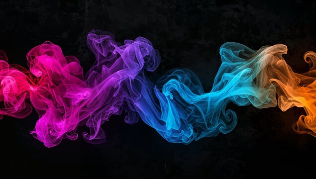 Swirling colored smoke plumes moving across dark studio space, with magenta purple cyan orange