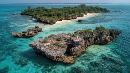Tropical islands in turquoise waters aerial view with sandy shores and greenery